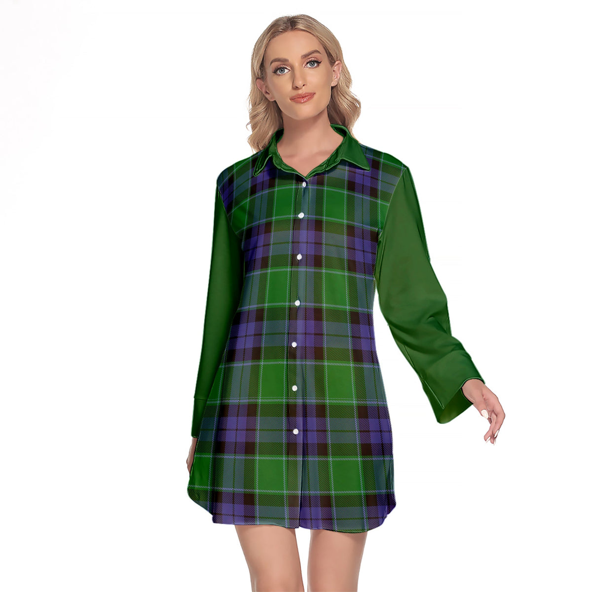 Monteith Tartan Women's Lapel Shirt Dress With Long Sleeve