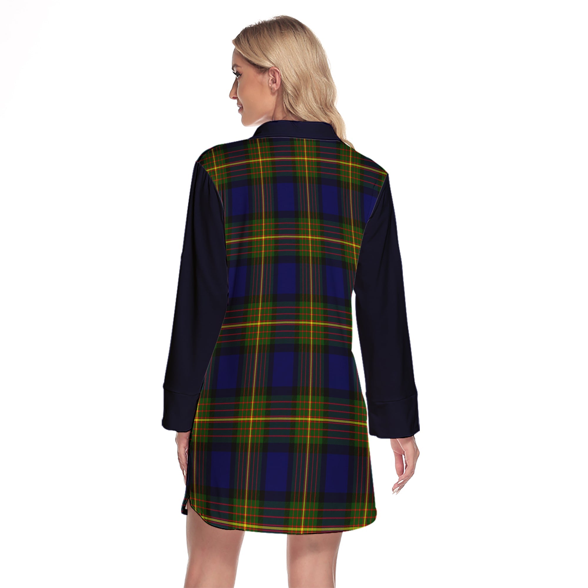 Moore Tartan Women's Lapel Shirt Dress With Long Sleeve