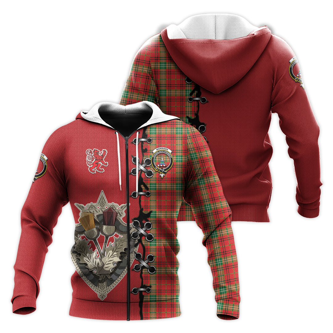 Morrison Red Modern Tartan Hoodie - Lion Rampant And Celtic Thistle Style