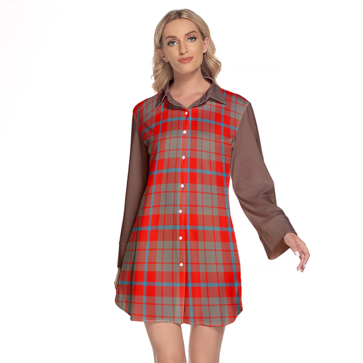 Moubray Tartan Women's Lapel Shirt Dress With Long Sleeve