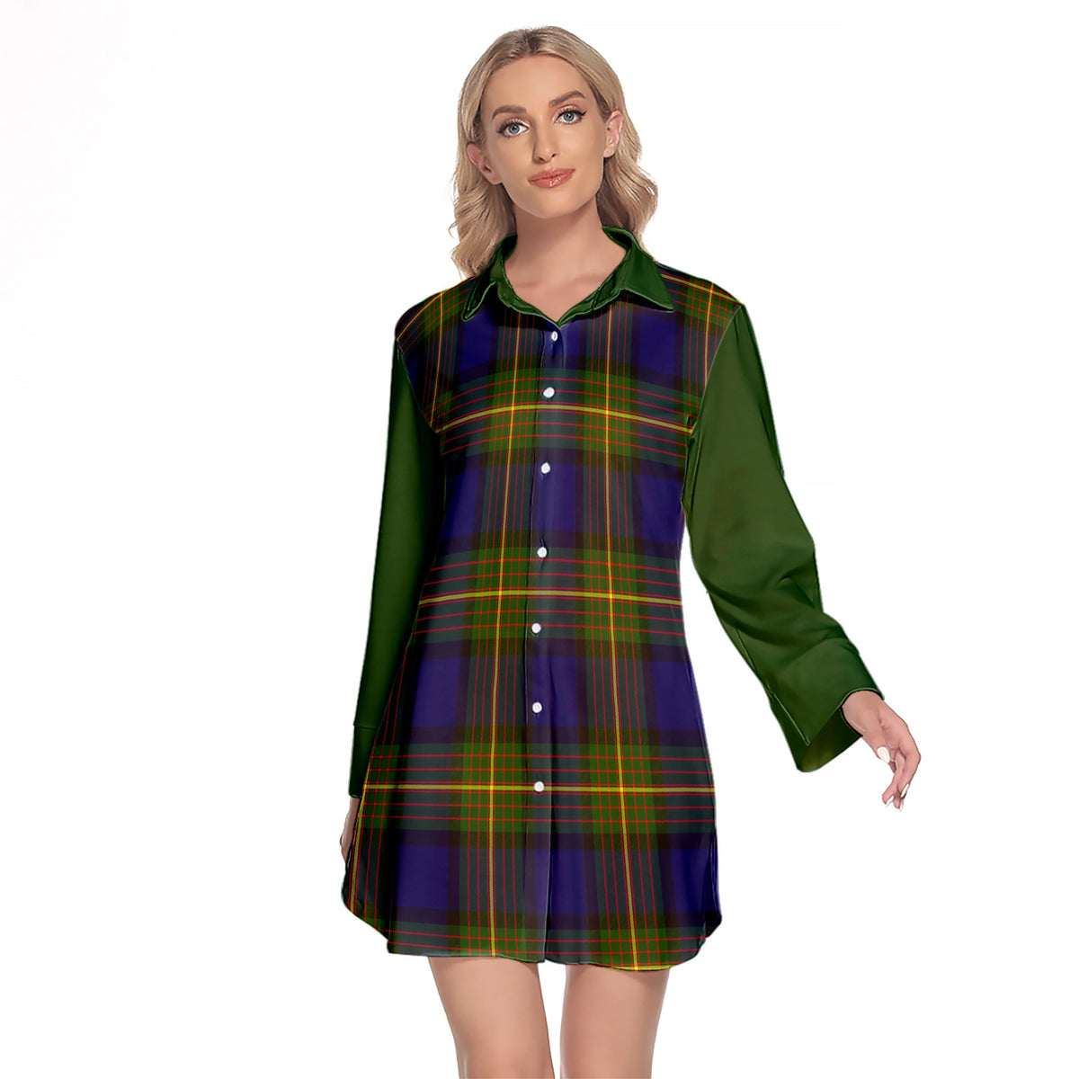 Muir Tartan Women's Lapel Shirt Dress With Long Sleeve