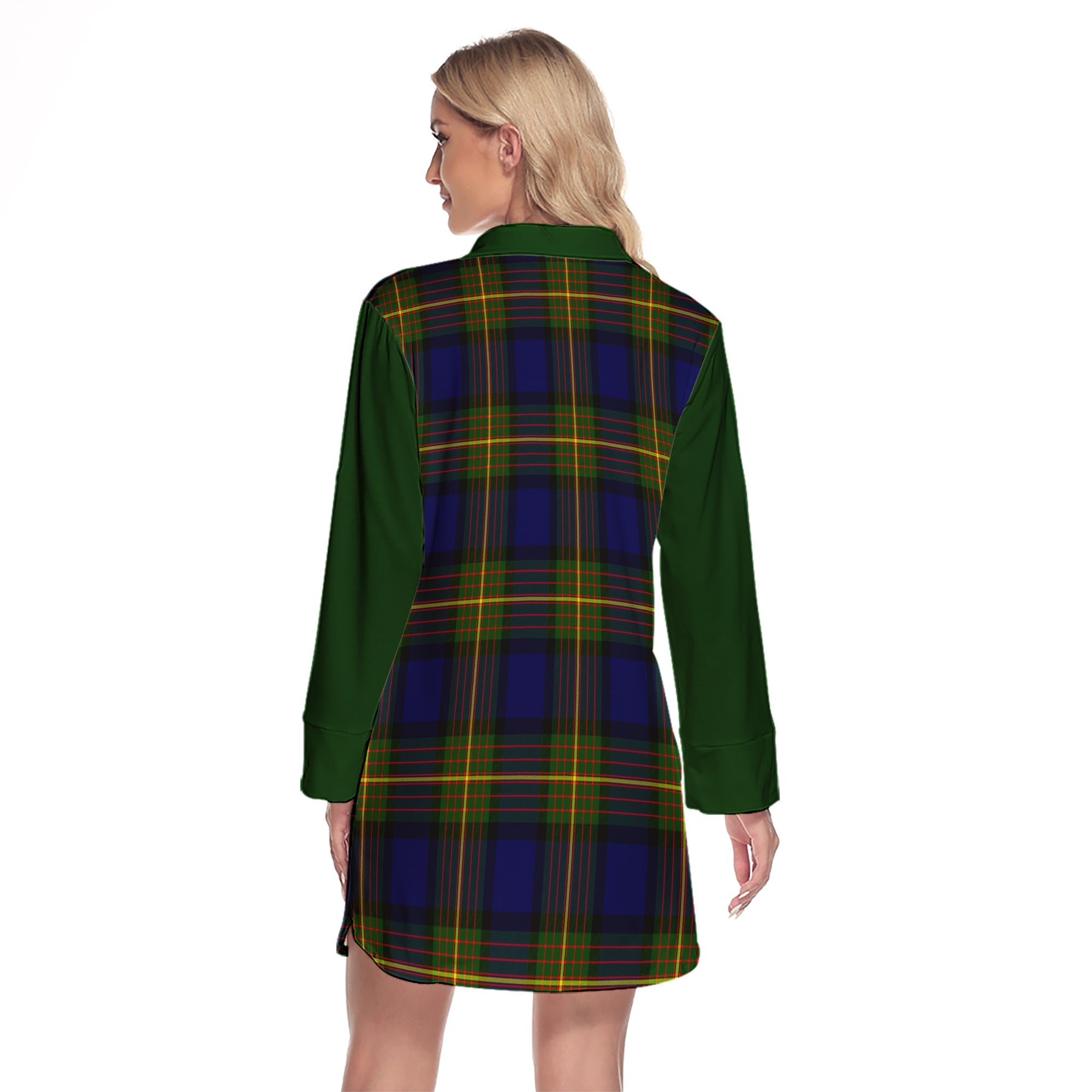 Muir Tartan Women's Lapel Shirt Dress With Long Sleeve