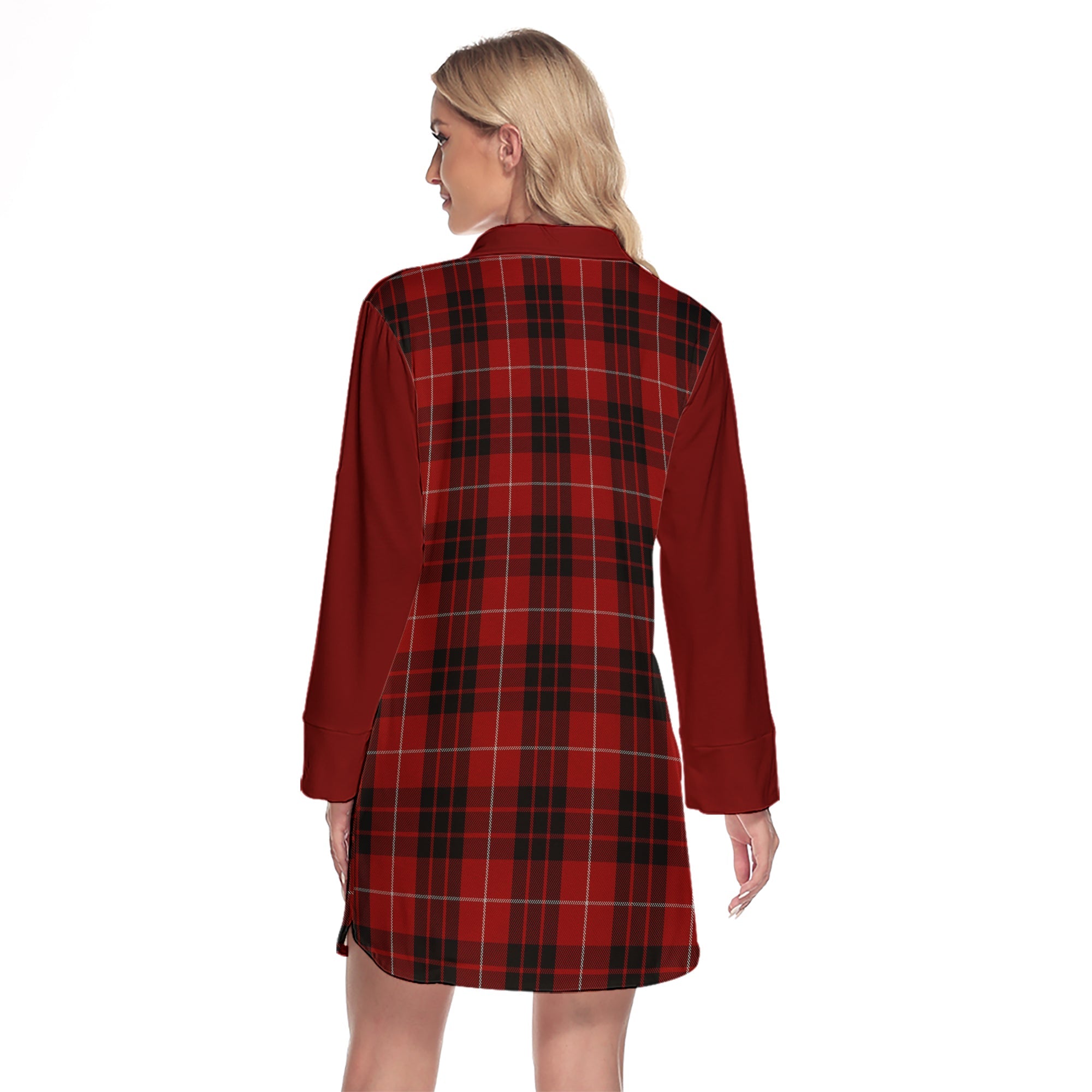 Munro Black And Red Tartan Women's Lapel Shirt Dress With Long Sleeve