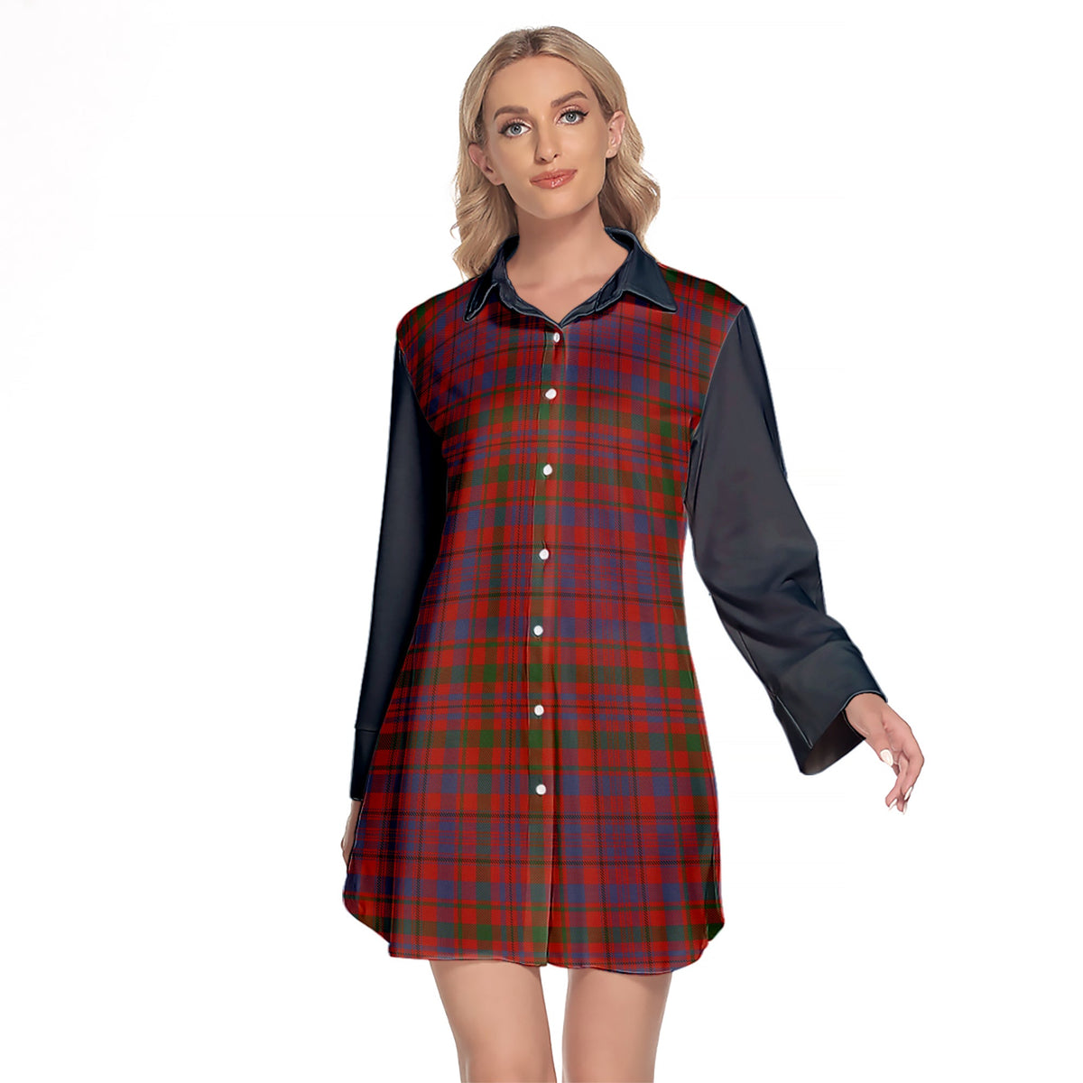 Murray Of Tullibardine Tartan Women's Lapel Shirt Dress With Long Sleeve