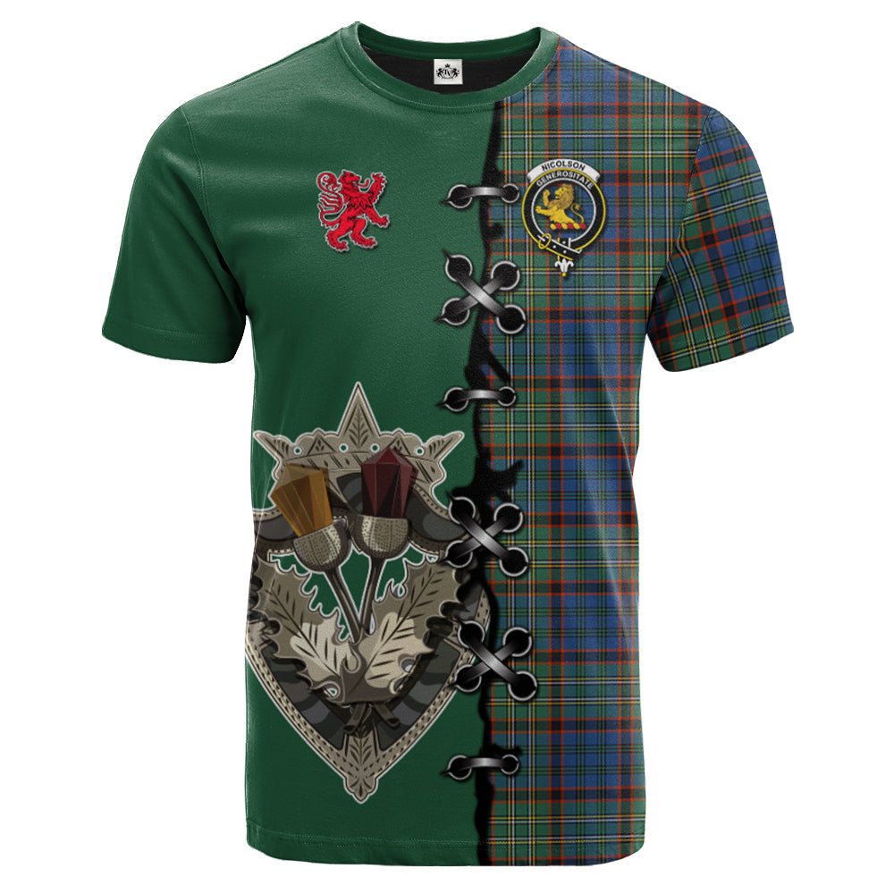 Nicolson Hunting Ancient Tartan T-shirt - Lion Rampant And Celtic Thistle Style