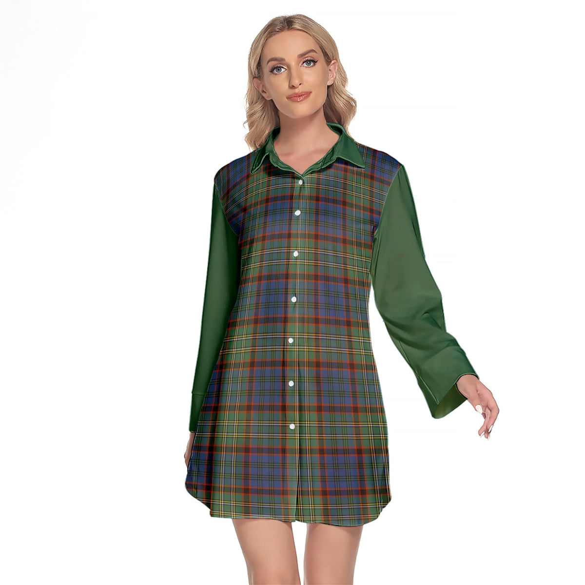 Nicolson Hunting Ancient Tartan Women's Lapel Shirt Dress With Long Sleeve