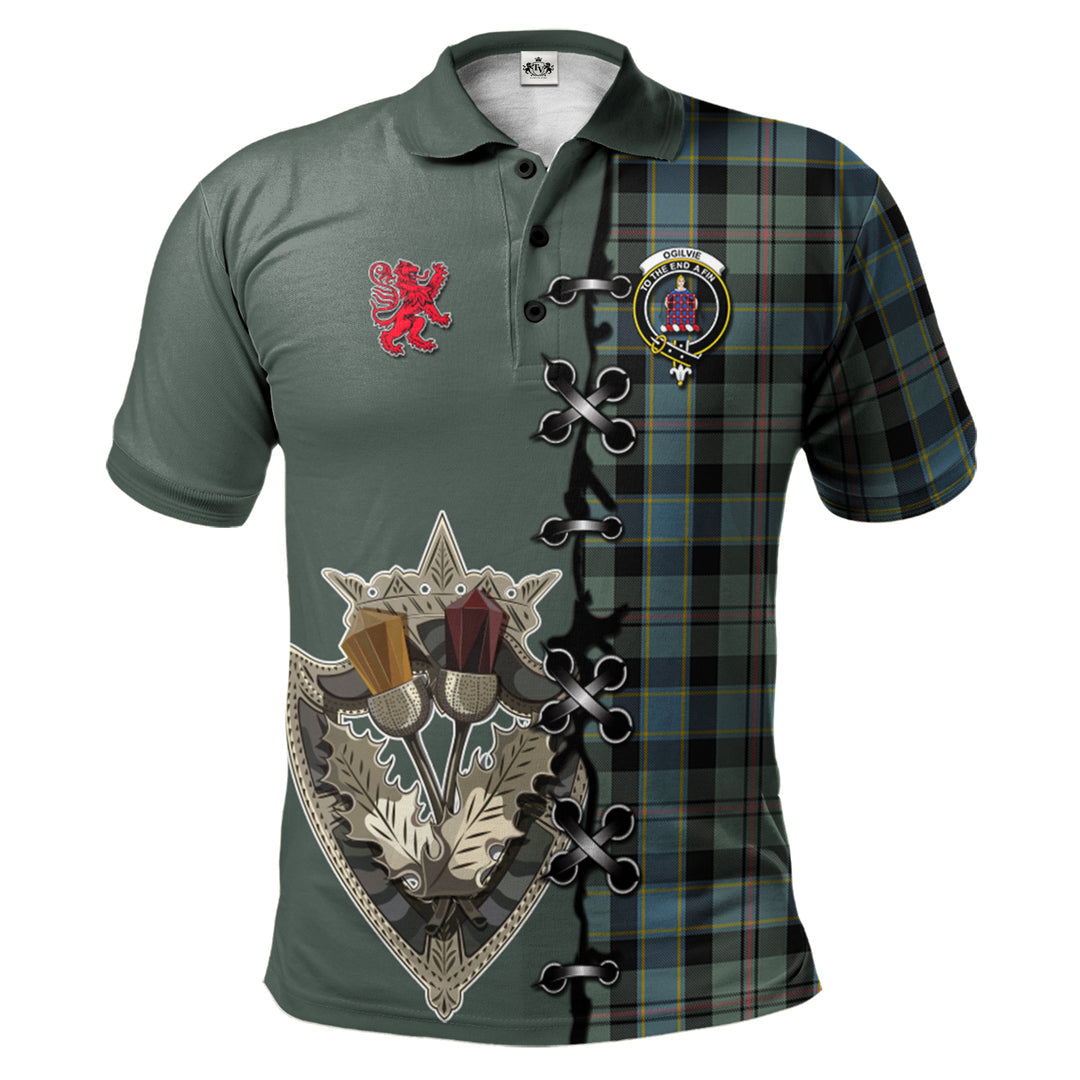Ogilvie (Ogilvy) Hunting Tartan Polo Shirt - Lion Rampant And Celtic Thistle Style