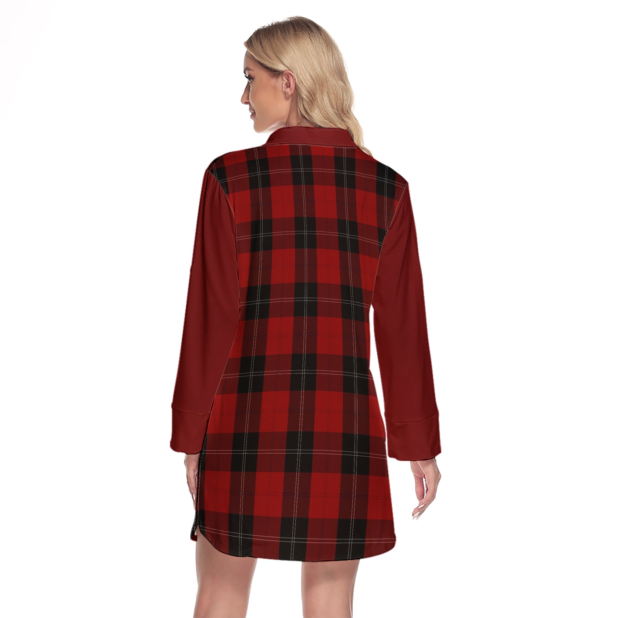 Ramsay Red Tartan Women's Lapel Shirt Dress With Long Sleeve