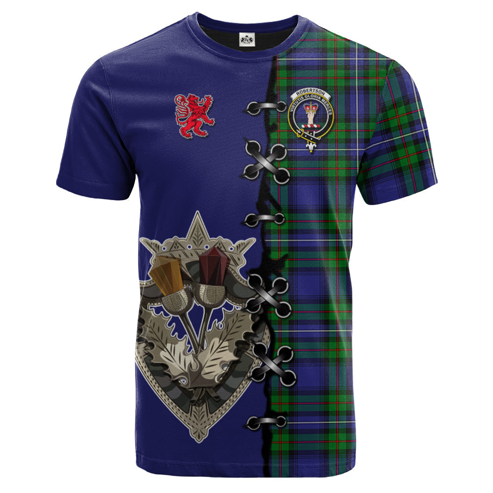 Robertson Hunting Modern Tartan T-shirt - Lion Rampant And Celtic Thistle Style