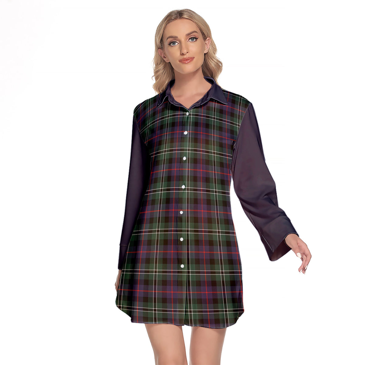 Rose Hunting Modern Tartan Women's Lapel Shirt Dress With Long Sleeve