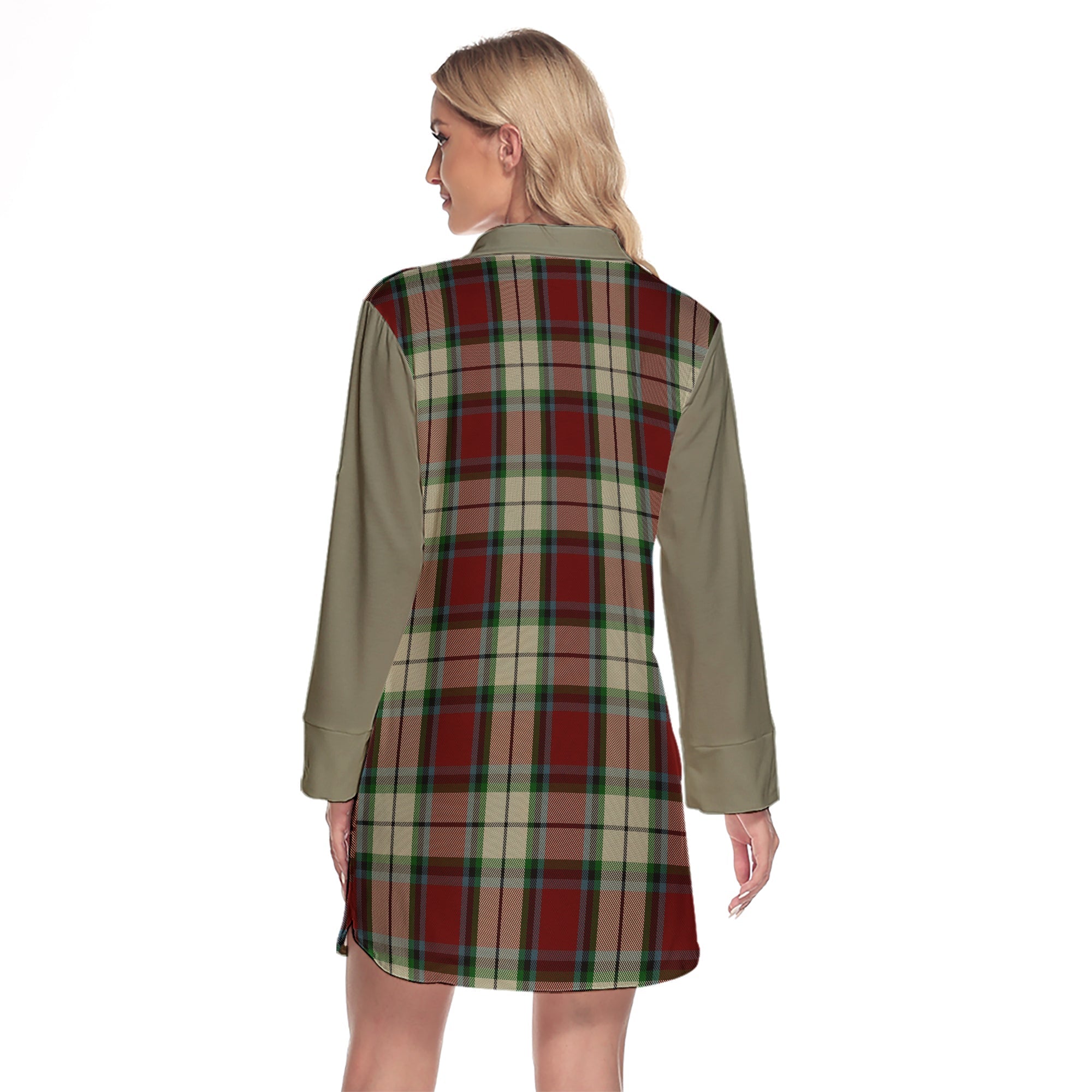 Rose White Dress Tartan Women's Lapel Shirt Dress With Long Sleeve