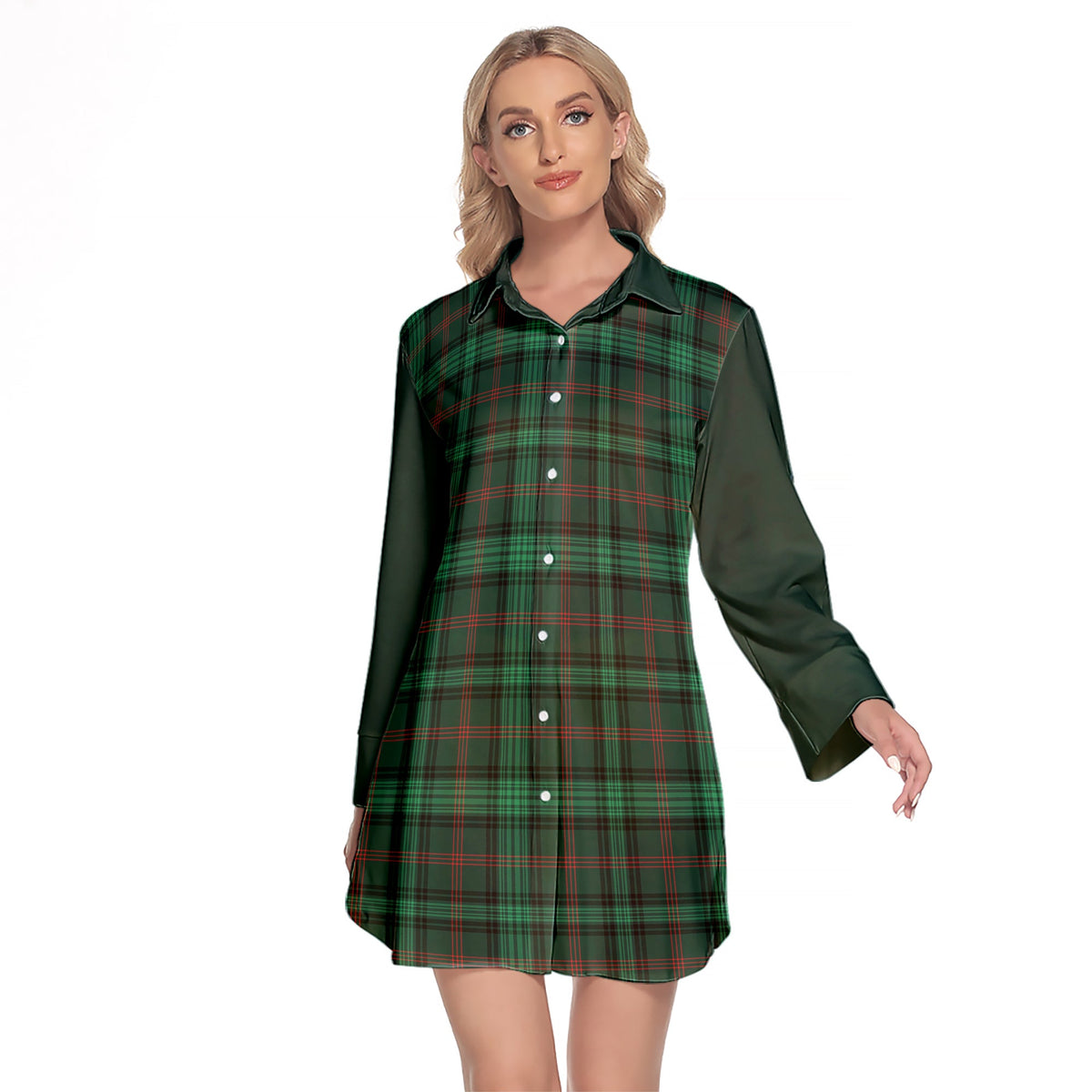 Ross Hunting Modern Tartan Women's Lapel Shirt Dress With Long Sleeve