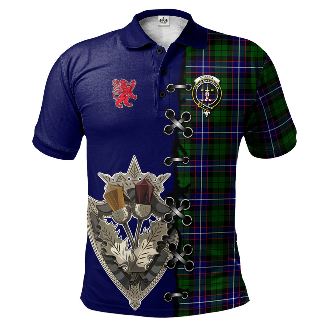 Russell Modern Tartan Polo Shirt - Lion Rampant And Celtic Thistle Style