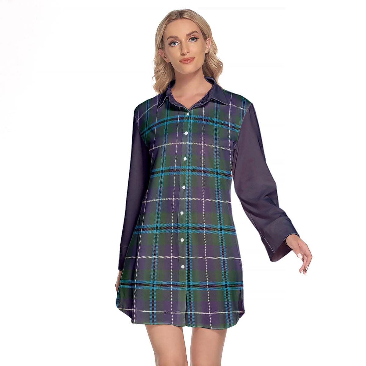 Sandilands Tartan Women's Lapel Shirt Dress With Long Sleeve