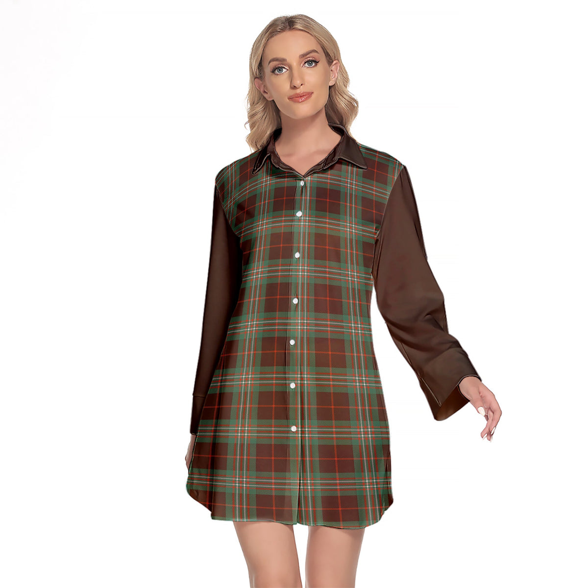 Scott Brown Ancient Tartan Women's Lapel Shirt Dress With Long Sleeve