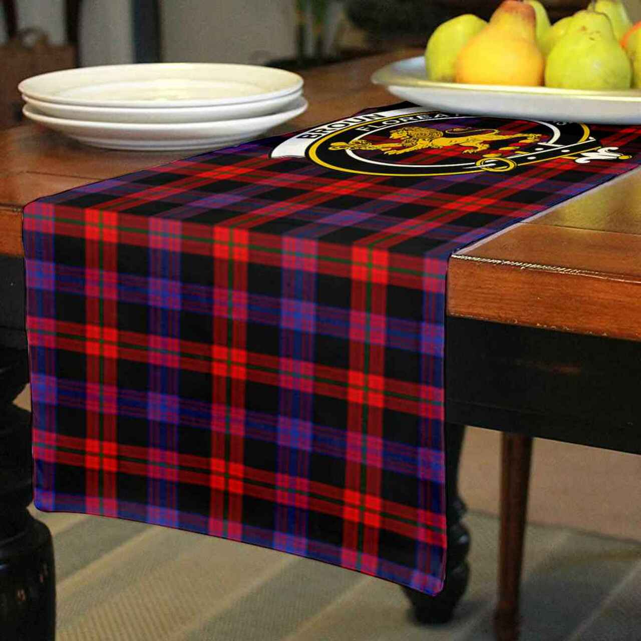 Broun Tartan Crest Table Runner - Cotton table runner