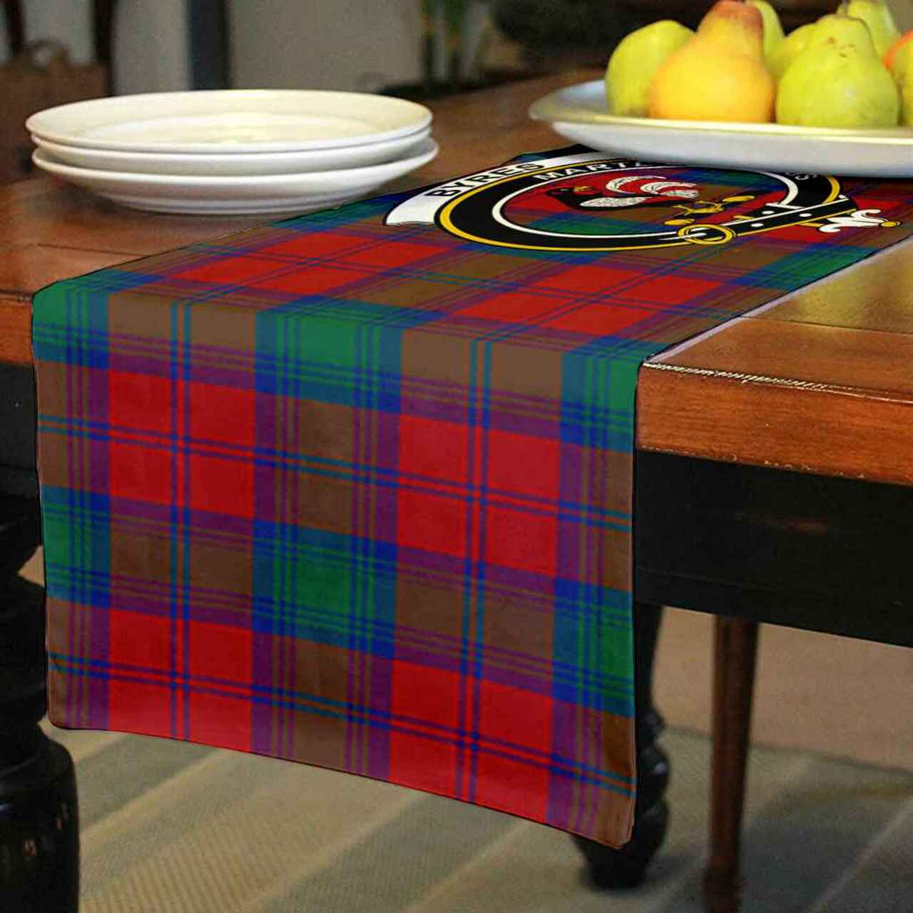 Byres Tartan Crest Table Runner - Cotton table runner