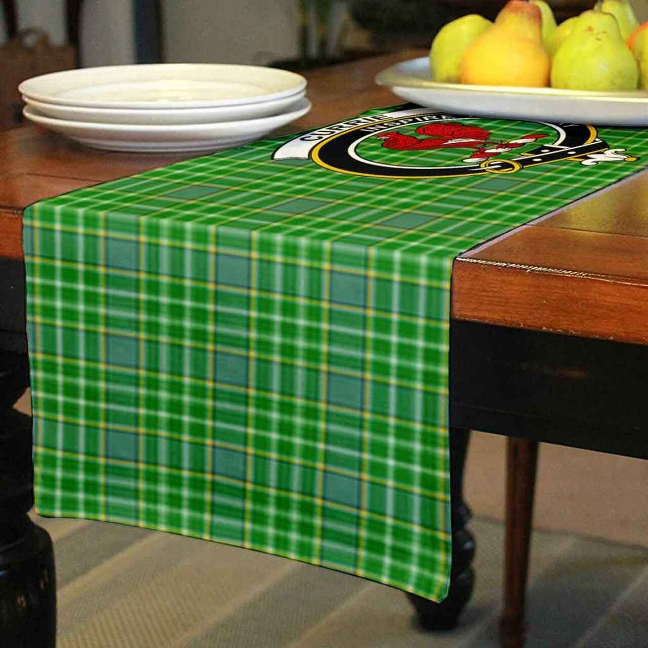 Currie Tartan Crest Table Runner - Cotton table runner