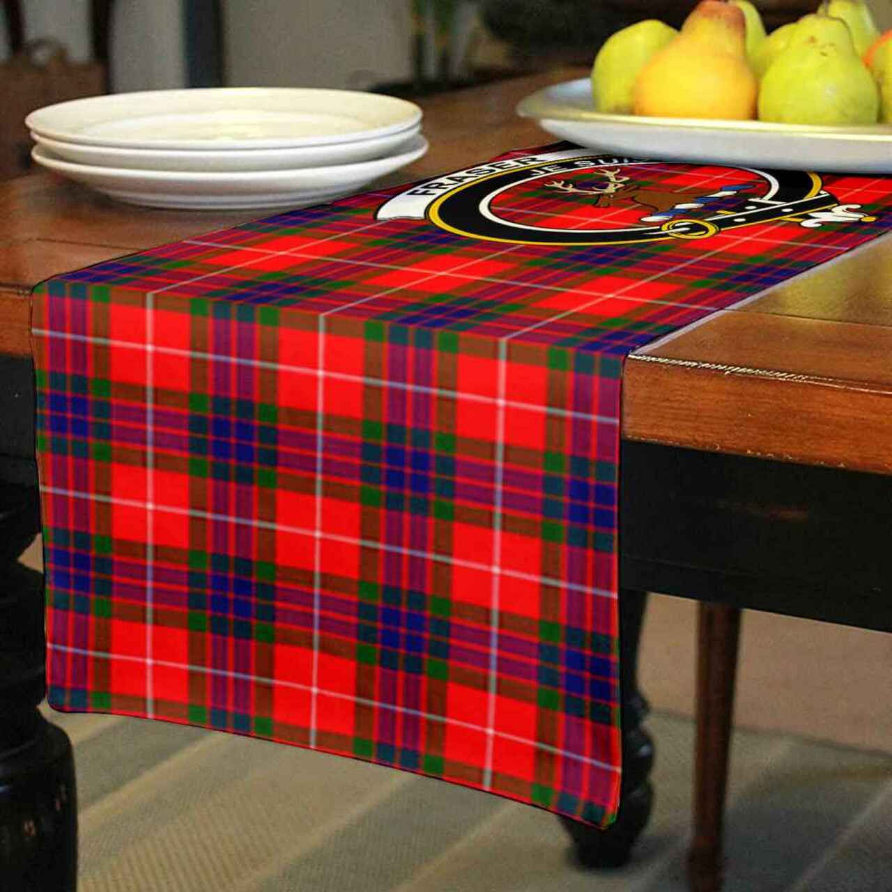 Fraser (of Lovat) Tartan Crest Table Runner - Cotton table runner