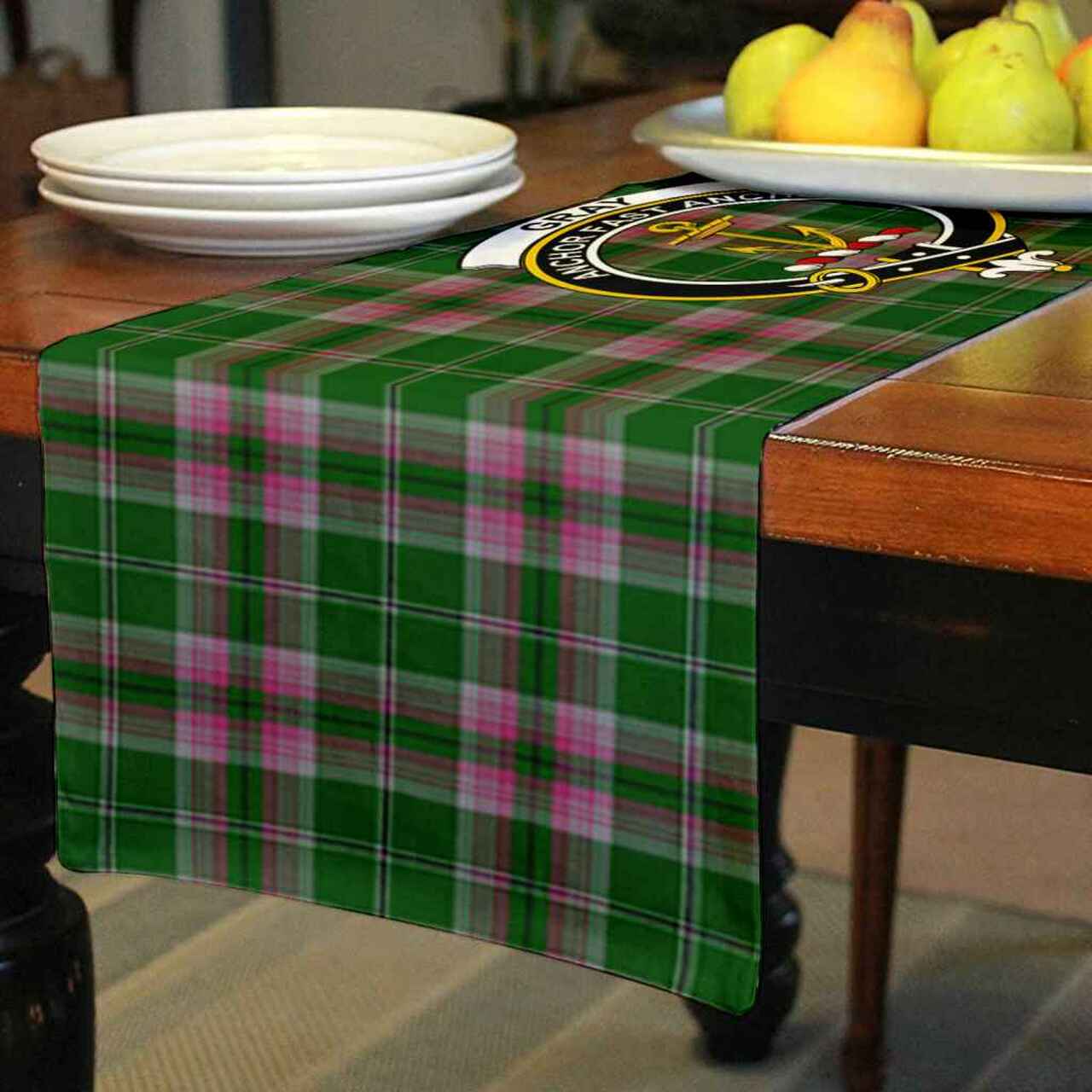 Gray Tartan Crest Table Runner - Cotton table runner