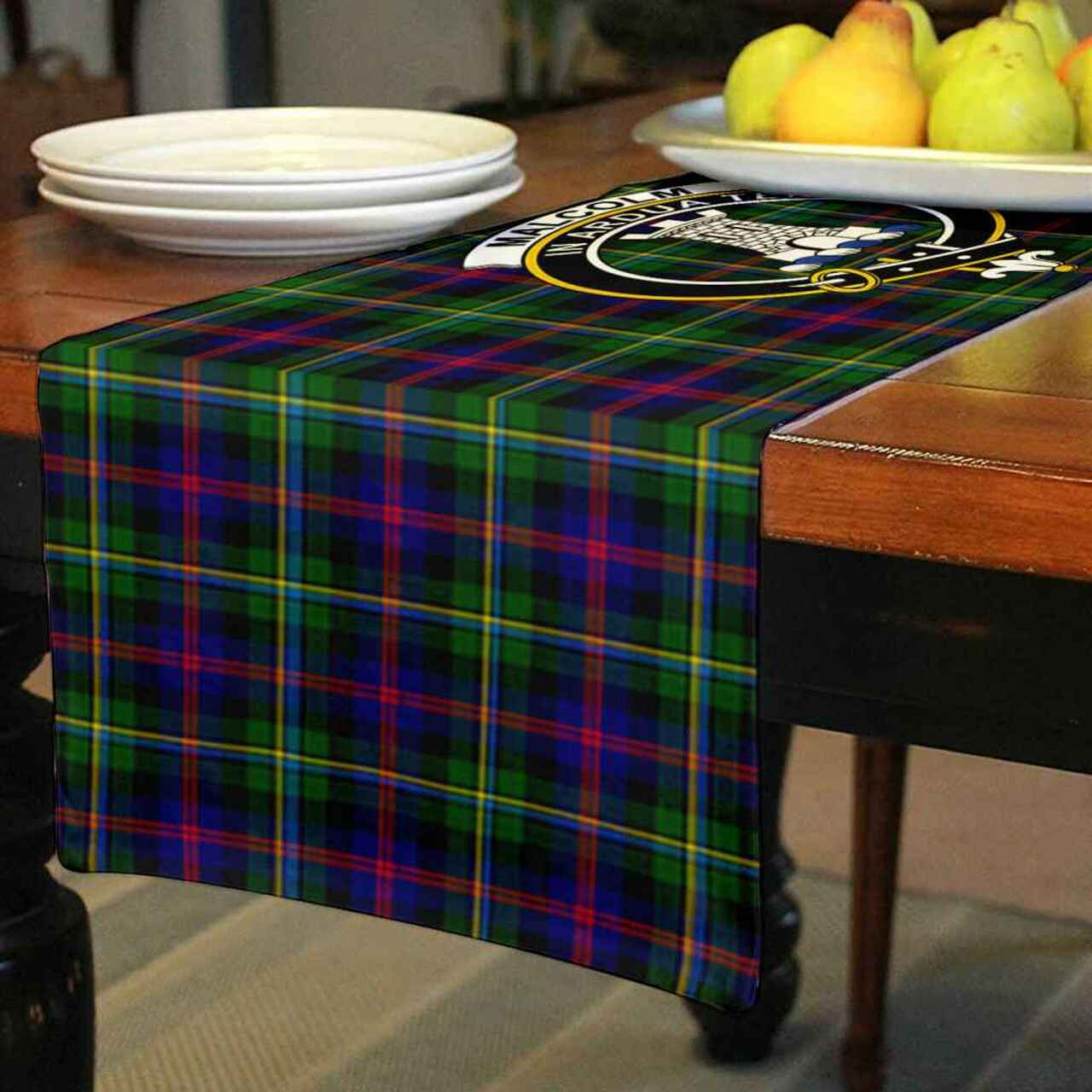 Malcolm (or MacCallum) Tartan Crest Table Runner - Cotton table runner