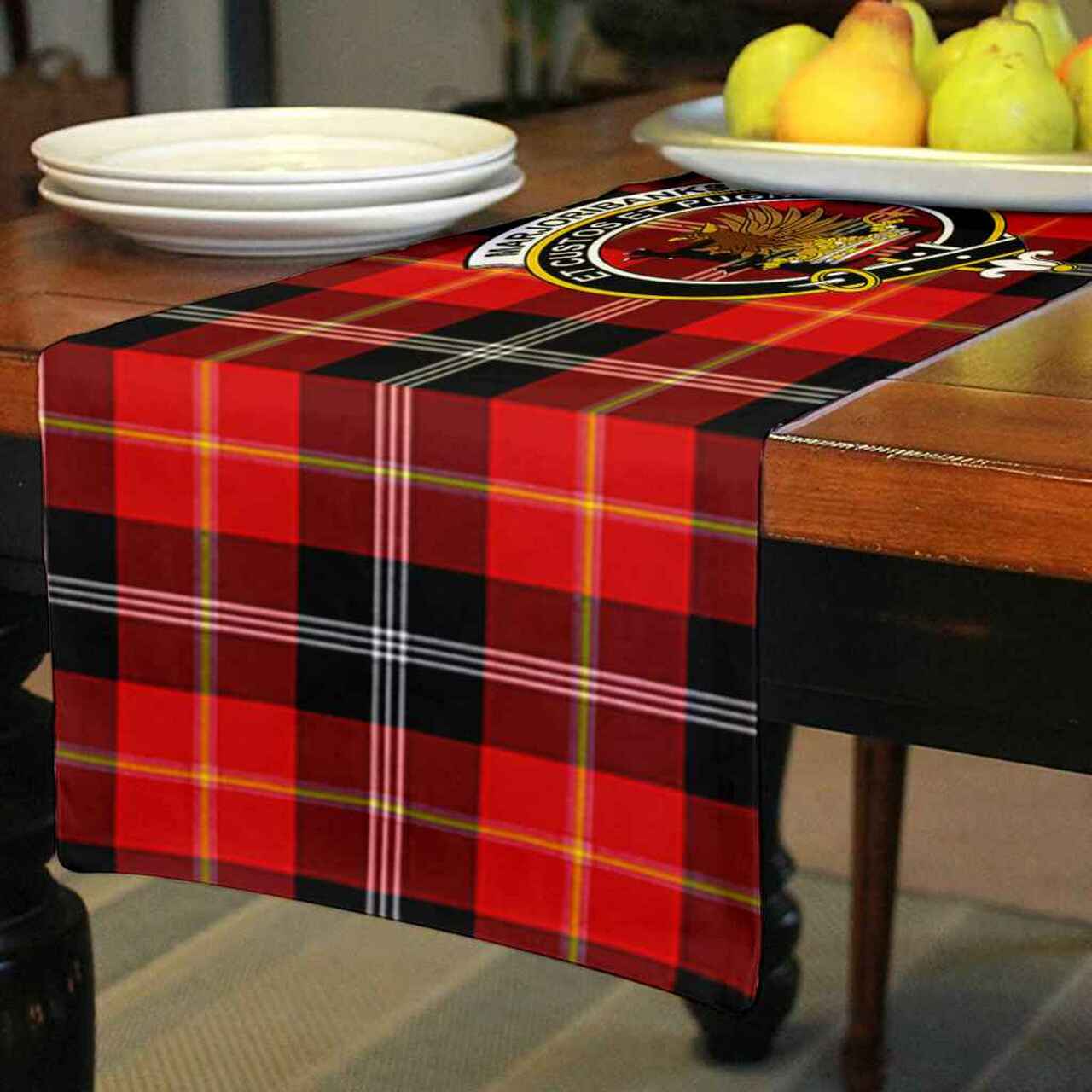 Marjoribanks Tartan Crest Table Runner - Cotton table runner