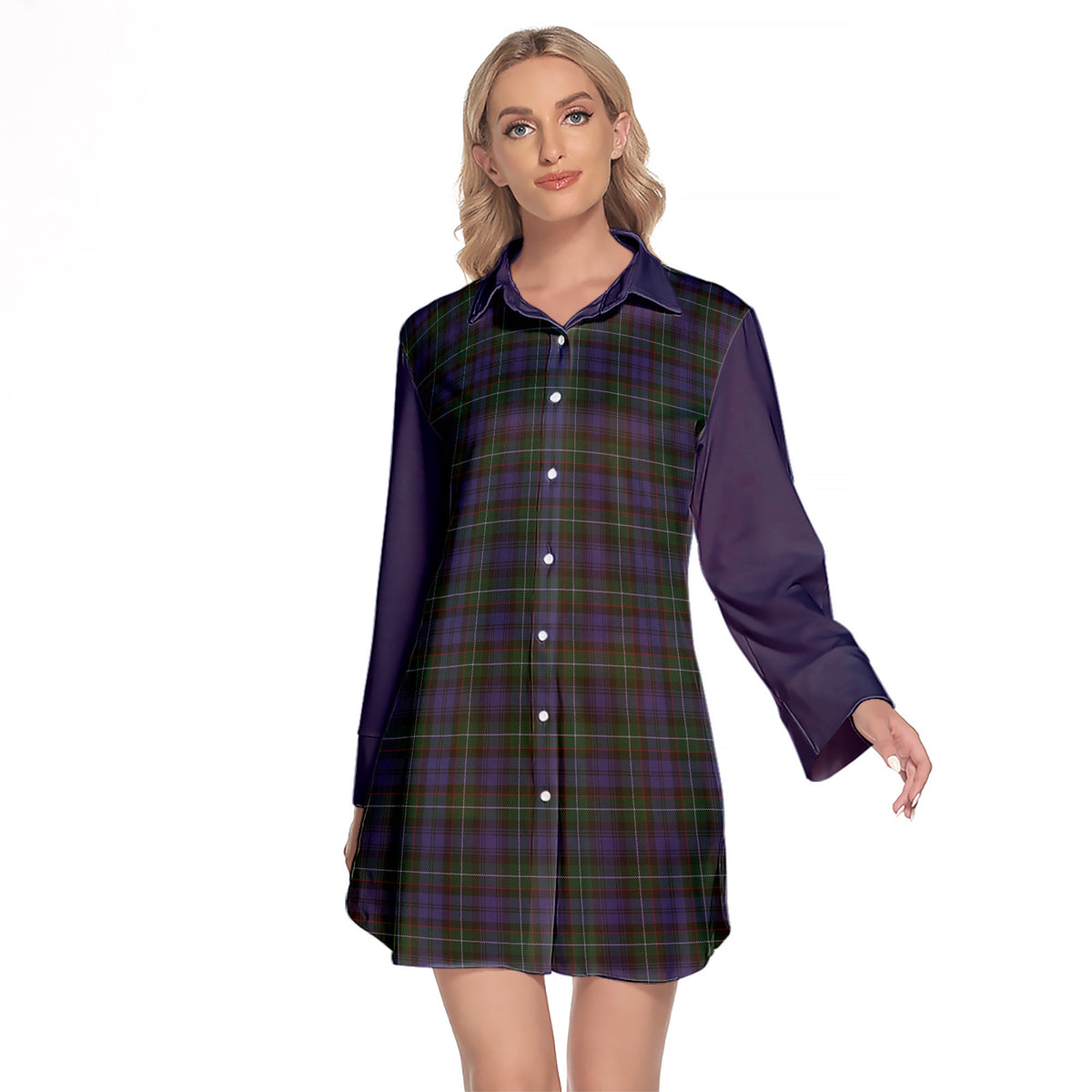 Sempill Tartan Women's Lapel Shirt Dress With Long Sleeve