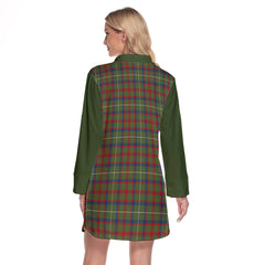 Shaw Green Modern Tartan Women's Lapel Shirt Dress With Long Sleeve