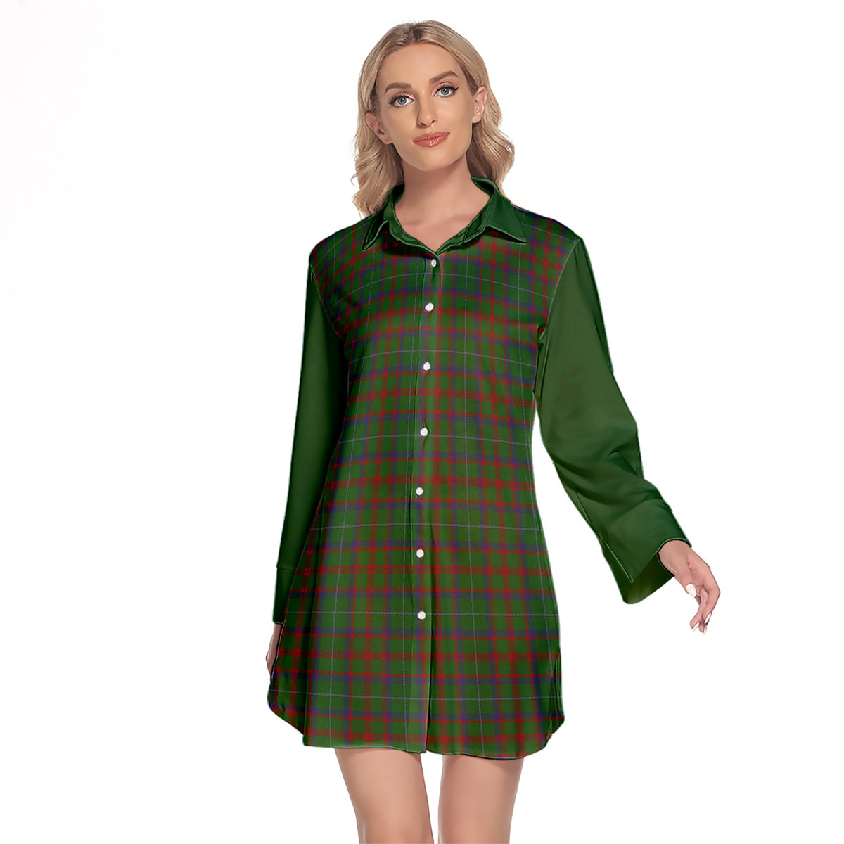 Shaw Of Tordarroch Green Hunting Tartan Women's Lapel Shirt Dress With Long Sleeve