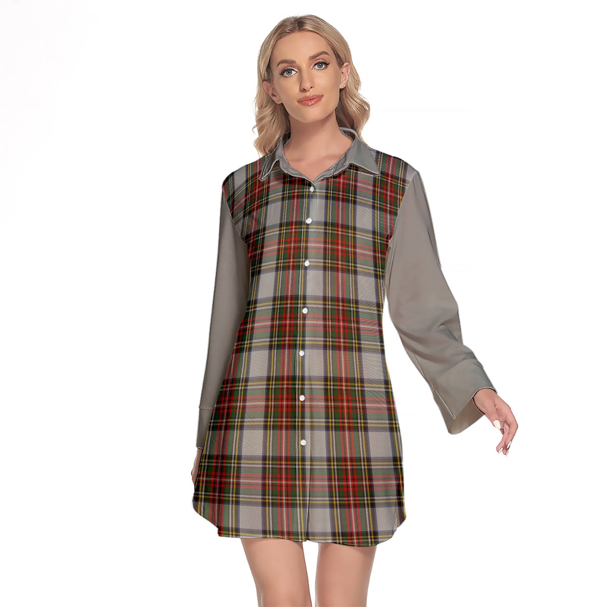 Stewart Dress Tartan Women's Lapel Shirt Dress With Long Sleeve