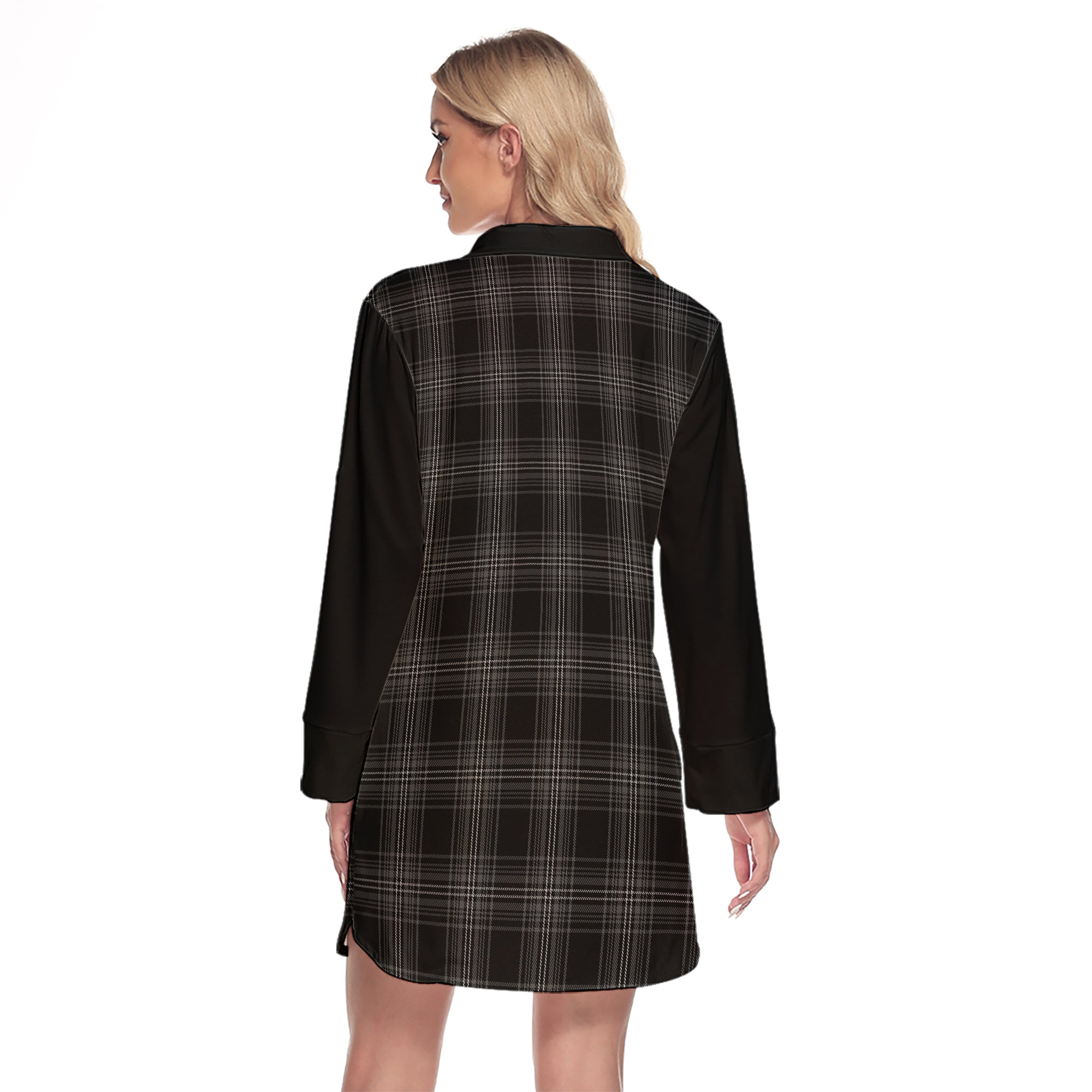 Stewart Mourning Tartan Women's Lapel Shirt Dress With Long Sleeve