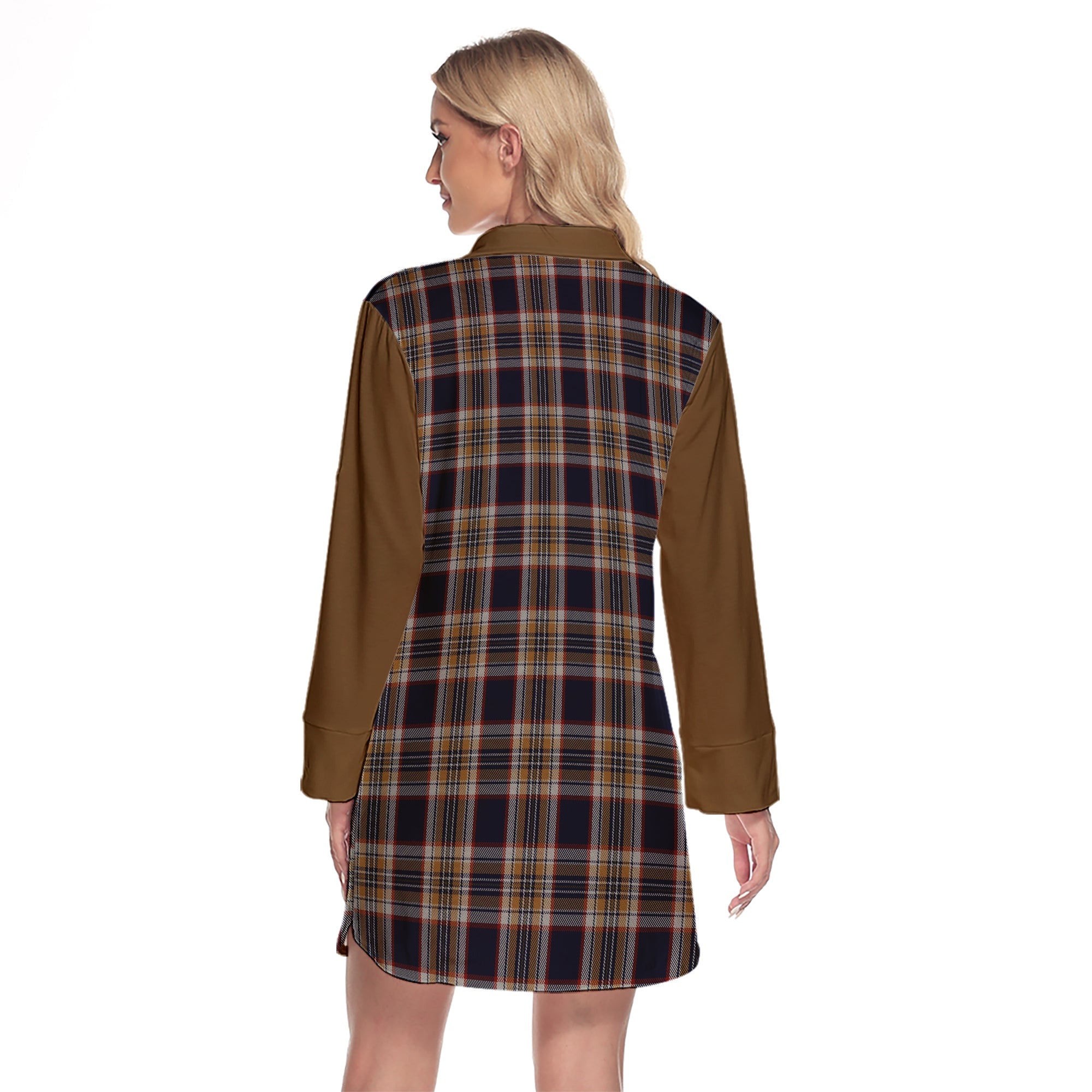 Stewart Navy Tartan Women's Lapel Shirt Dress With Long Sleeve