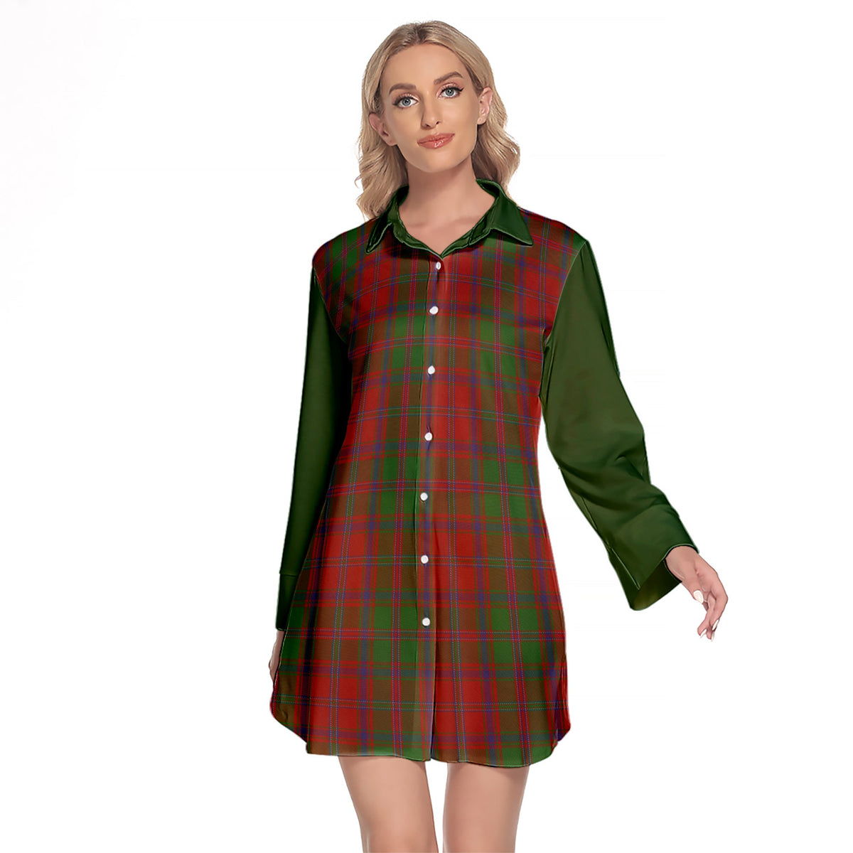 Stewart Of Appin Tartan Women's Lapel Shirt Dress With Long Sleeve