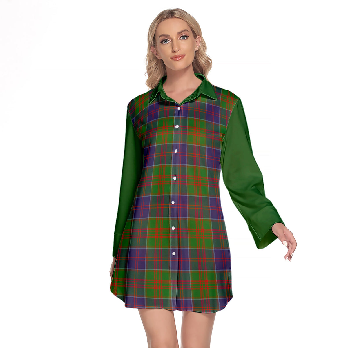 Stewart Of Appin Hunting Modern Tartan Women's Lapel Shirt Dress With Long Sleeve