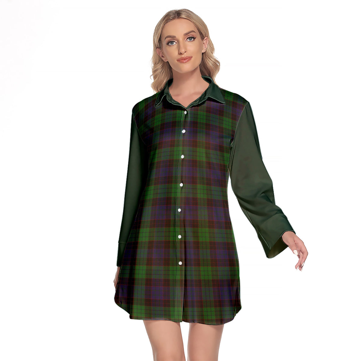 Stewart Old Tartan Women's Lapel Shirt Dress With Long Sleeve