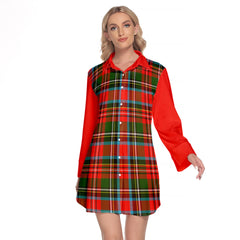 Stewart Royal Tartan Women's Lapel Shirt Dress With Long Sleeve