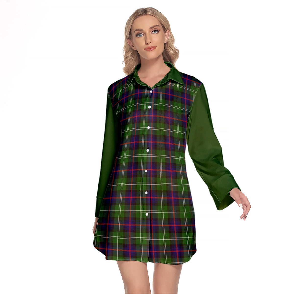 Sutherland Modern Tartan Women's Lapel Shirt Dress With Long Sleeve