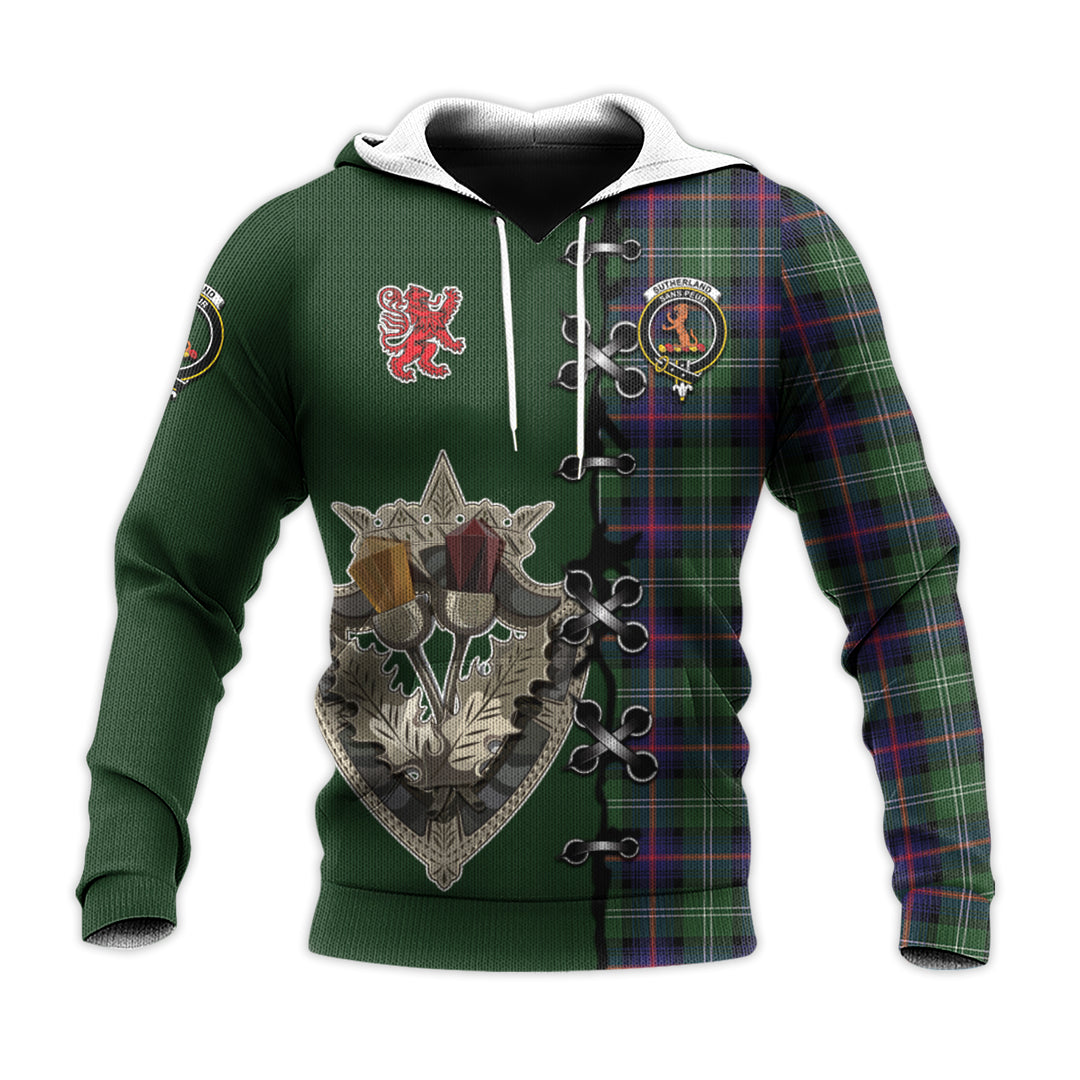 Sutherland Modern Tartan Hoodie - Lion Rampant And Celtic Thistle Style