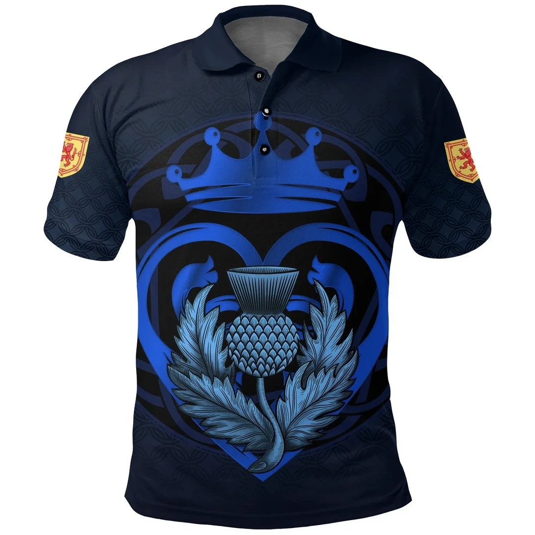 Scots Print Polo Shirt - Blue Luckenbooth Thistle And Lion Style Polo Shirt