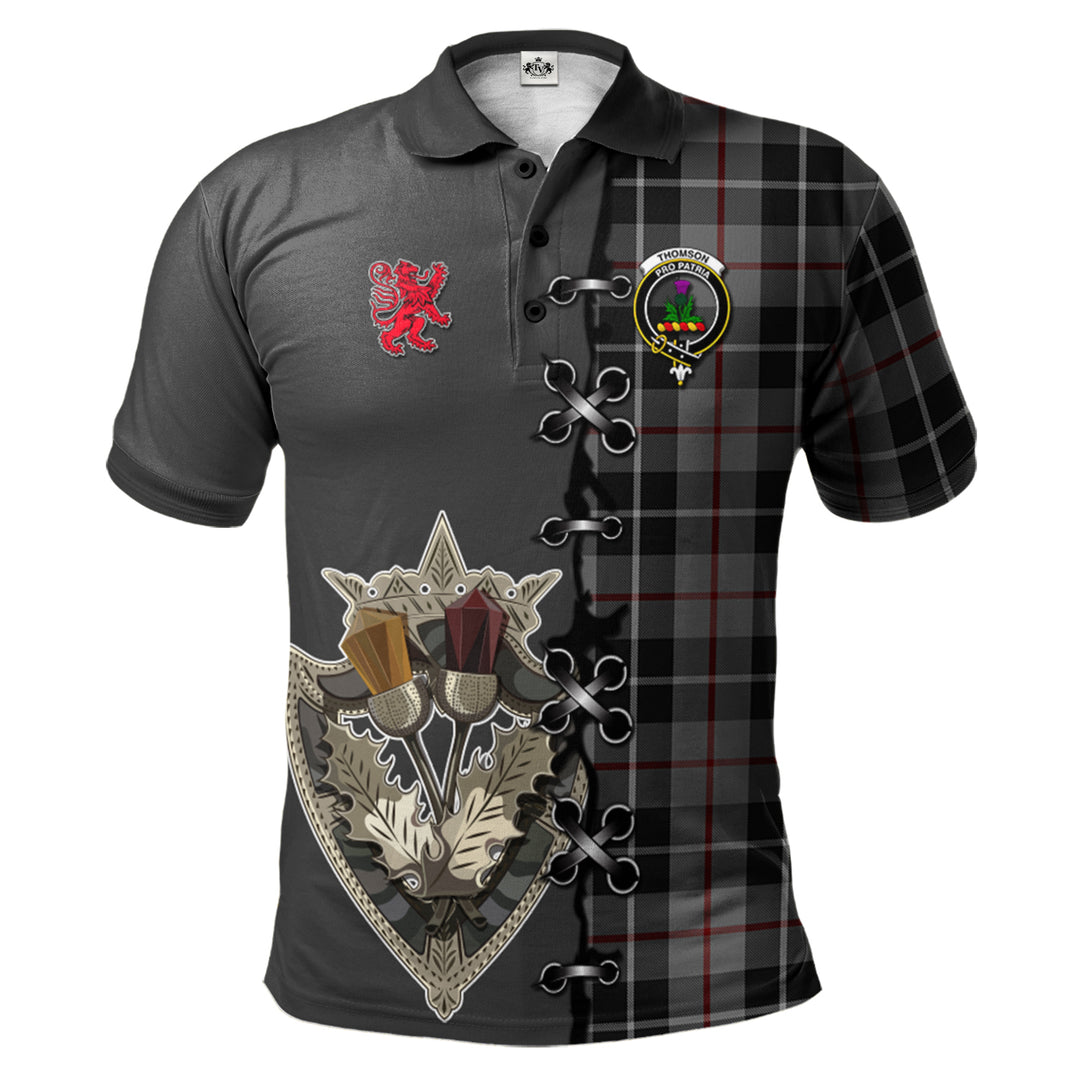 Thompson Grey Tartan Polo Shirt - Lion Rampant And Celtic Thistle Style