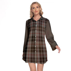 Thompson Grey Tartan Women's Lapel Shirt Dress With Long Sleeve