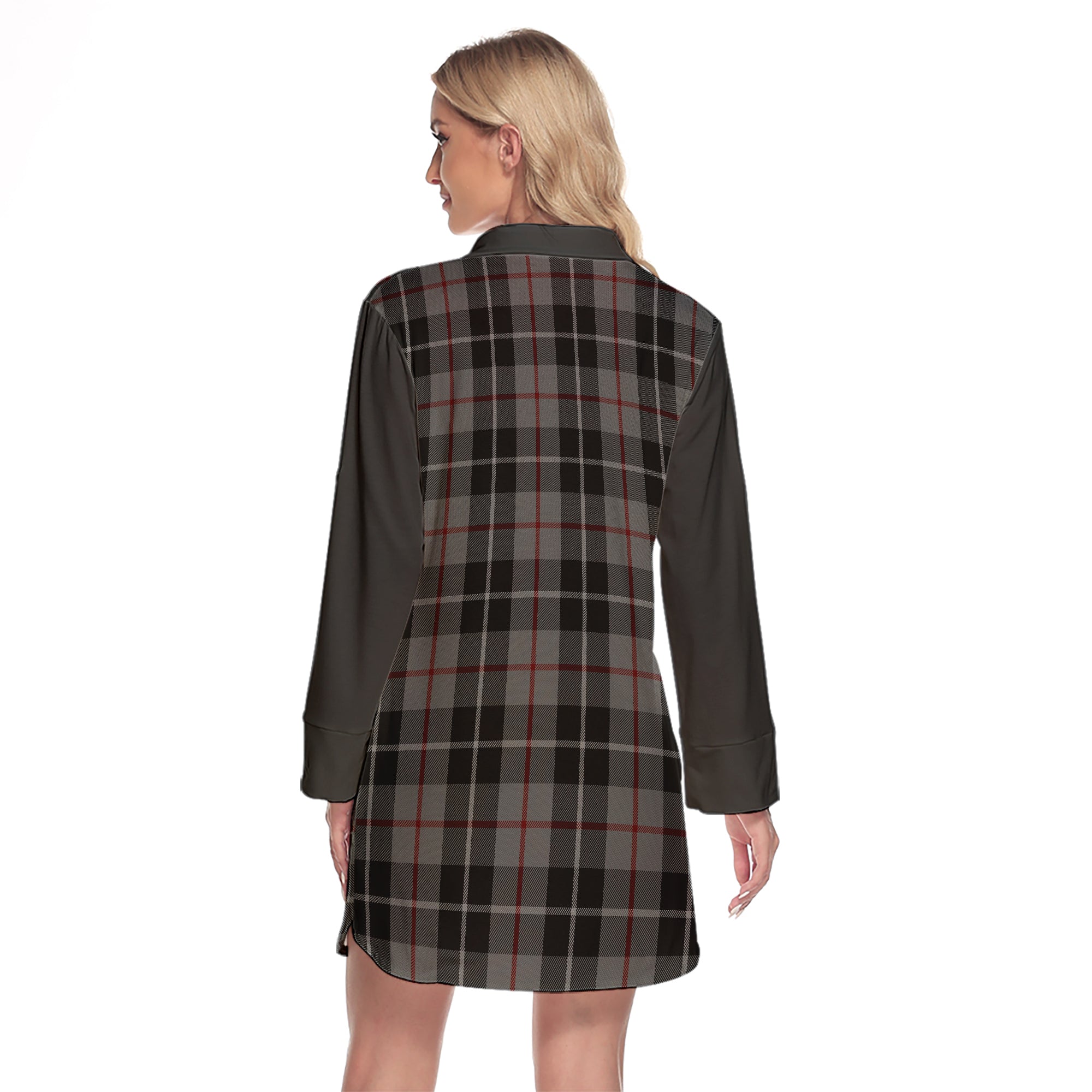 Thompson Grey Tartan Women's Lapel Shirt Dress With Long Sleeve