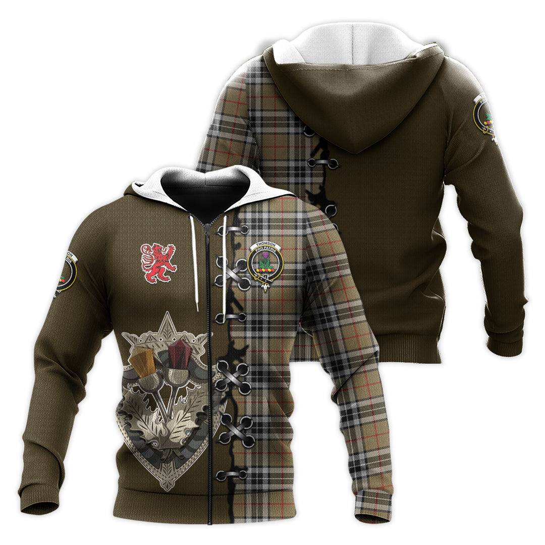 Thomson Camel Tartan Hoodie - Lion Rampant And Celtic Thistle Style