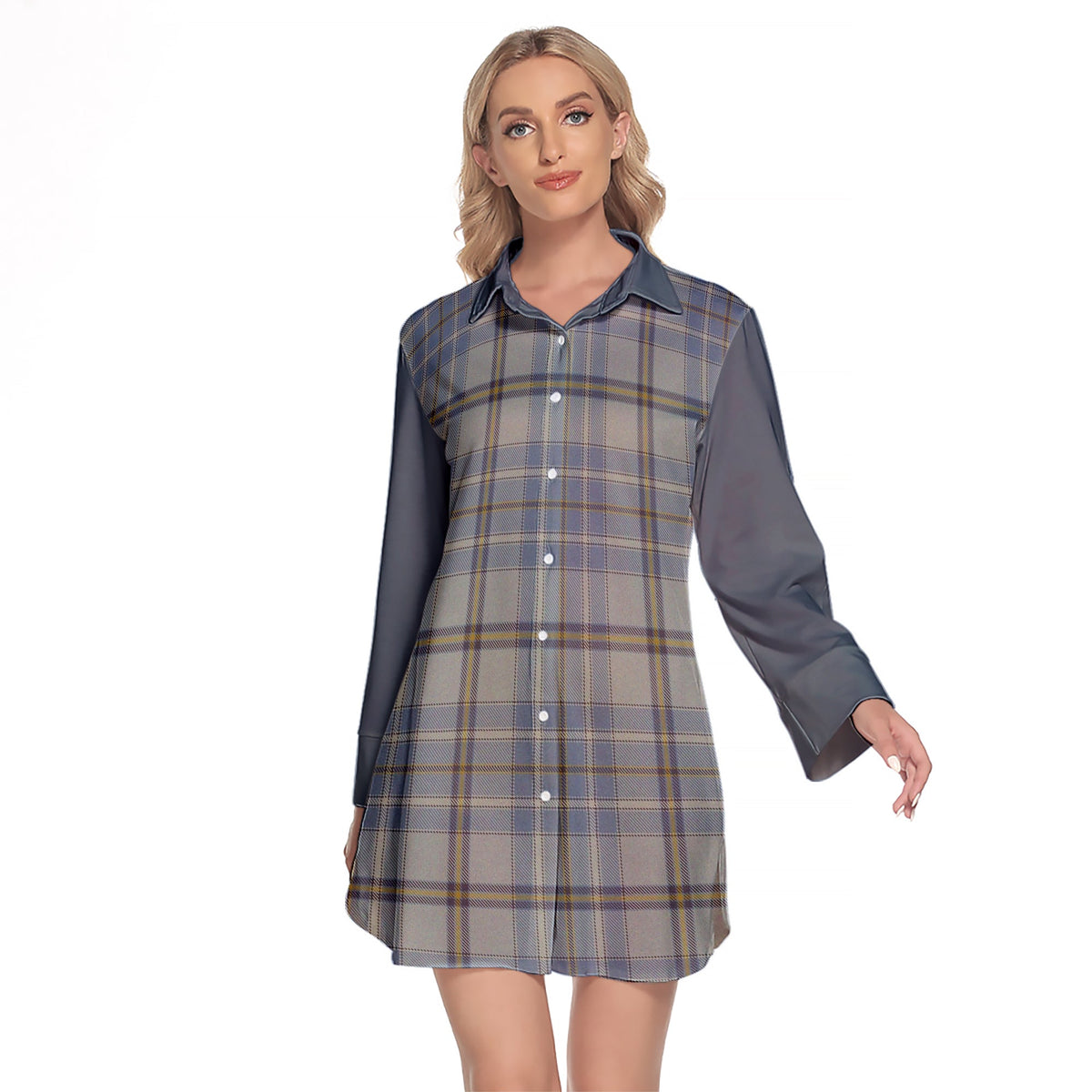 Tweedie Tartan Women's Lapel Shirt Dress With Long Sleeve