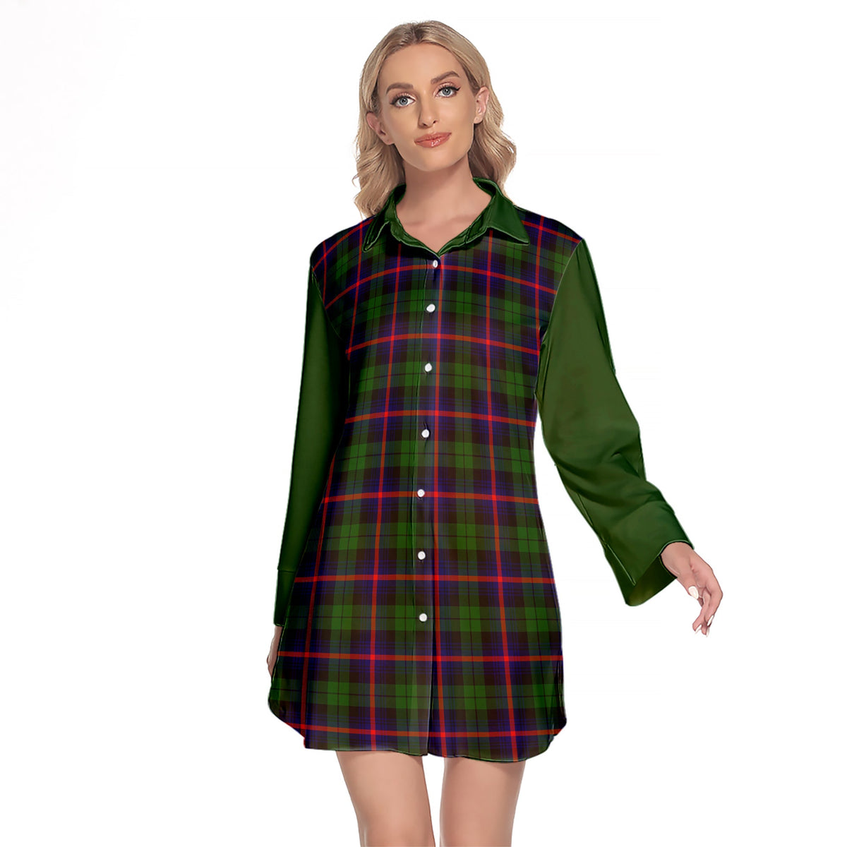 Urquhart Modern Tartan Women's Lapel Shirt Dress With Long Sleeve