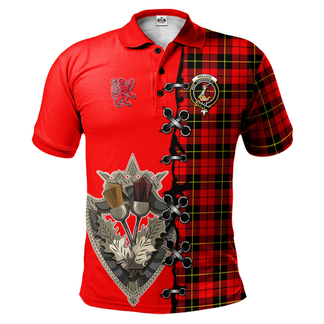 Wallace Hunting Red Tartan Polo Shirt - Lion Rampant And Celtic Thistle Style