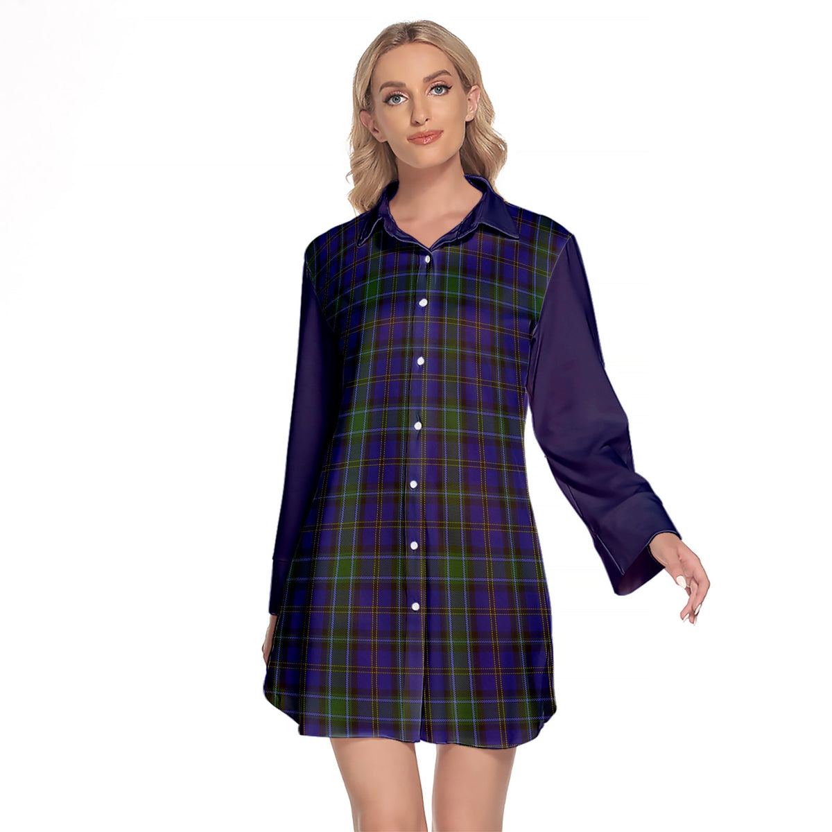 Weir Tartan Women's Lapel Shirt Dress With Long Sleeve